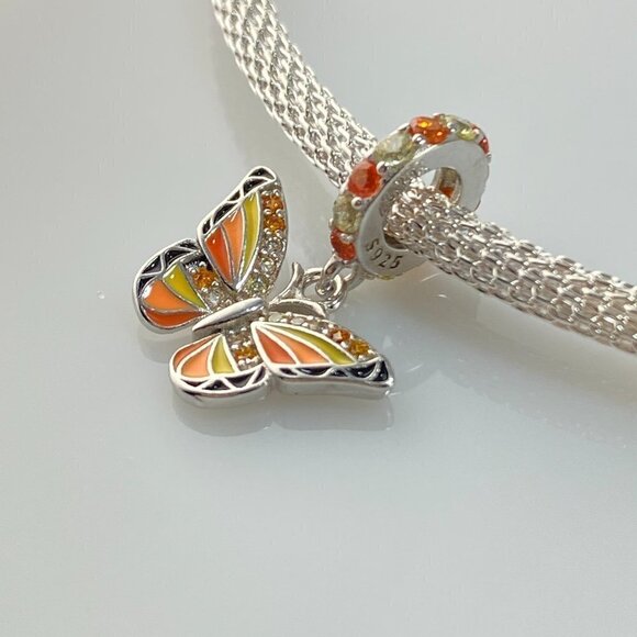 Sterling Silver Yellow Orange Black Cubic Zirconia Butterfly Dangle Charm - Picture 4 of 8